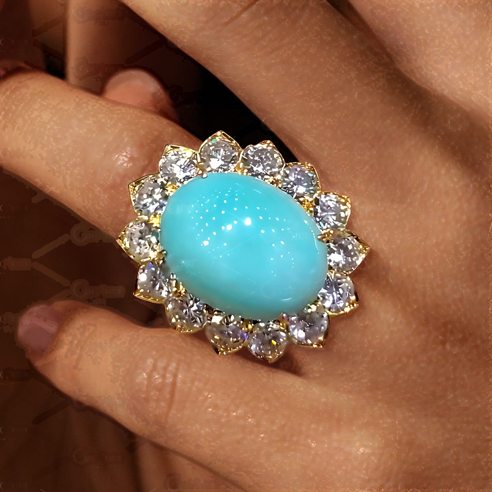 Oval Cabochon Turquoise & White Sapphire Halo Ring
