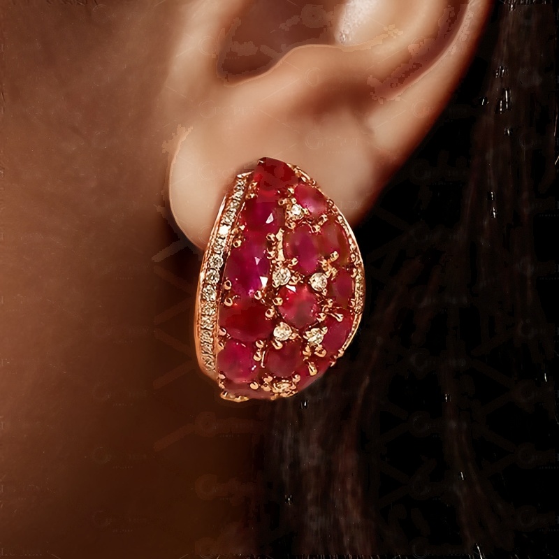 Oval Cut Rose Gold Italian Style Ruby Sapphire Hoops Earrings