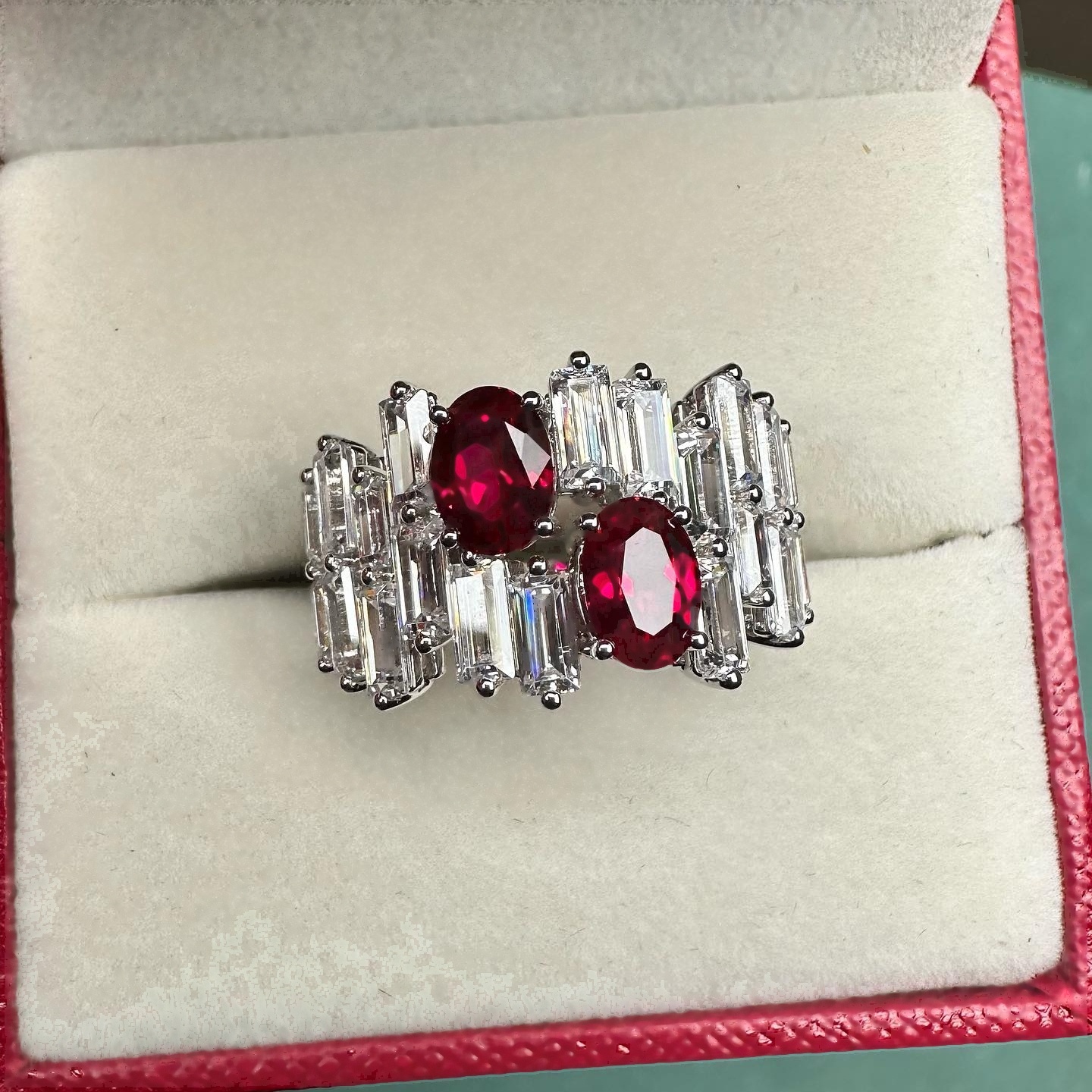 Oval Cut Ruby Sapphire & Baguette Cut White Sapphire Two-Stone Band