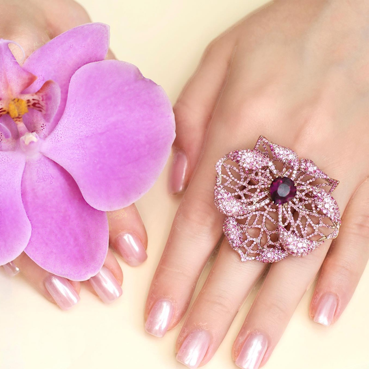 Pavé Amethyst & Pink Sapphire Orchid Cocktail Ring