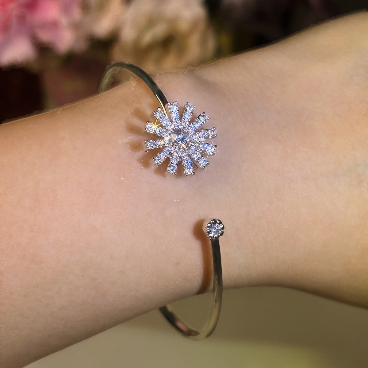 Pavé White Sapphire Starburst Open Cuff Bangle Bracelet (Sold Individually)