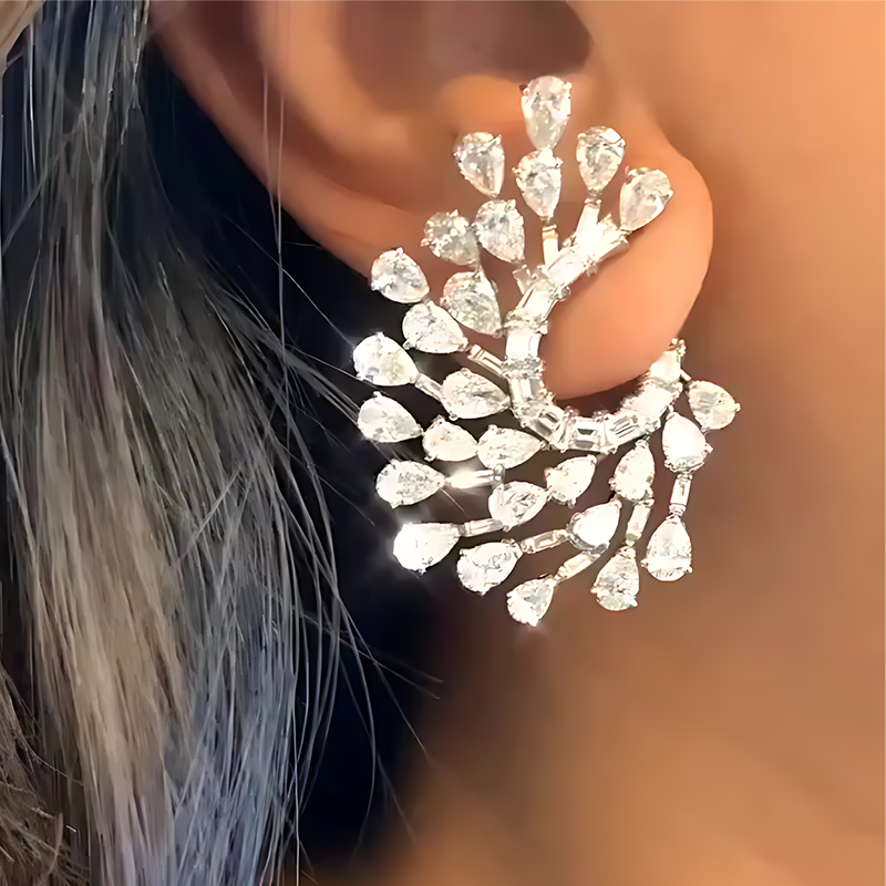 Peacock Feather Pear Cut White Sapphire Hoop Earrings