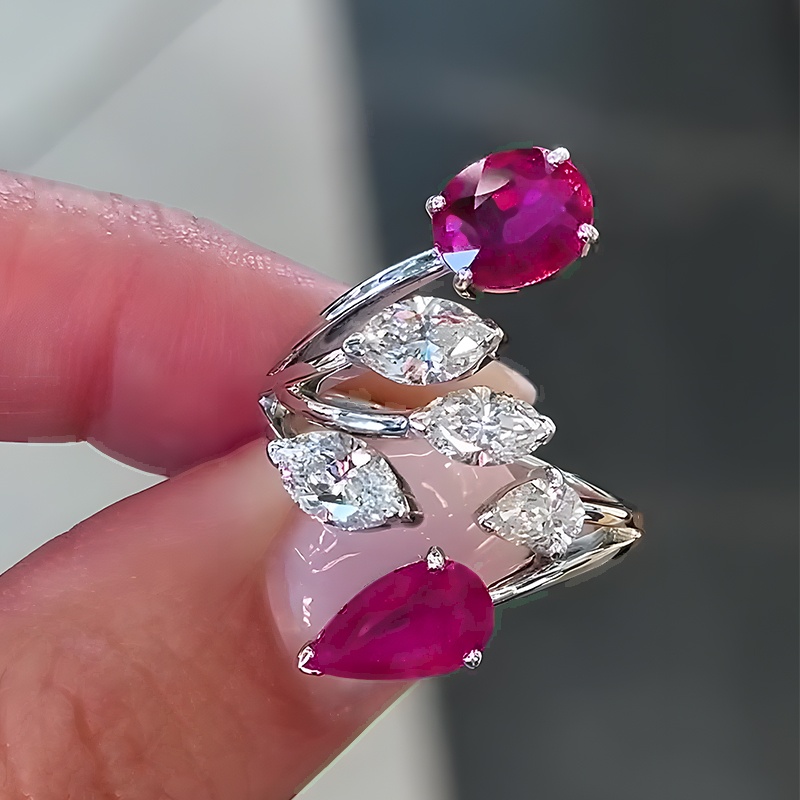 Art Deco Pear Cut & Oval Cut Ruby Leaf Wrap Ring
