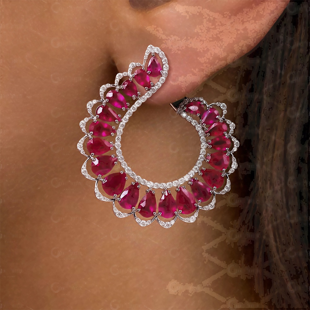 Pear Cut Ruby &White Sapphire Hoop Earrings