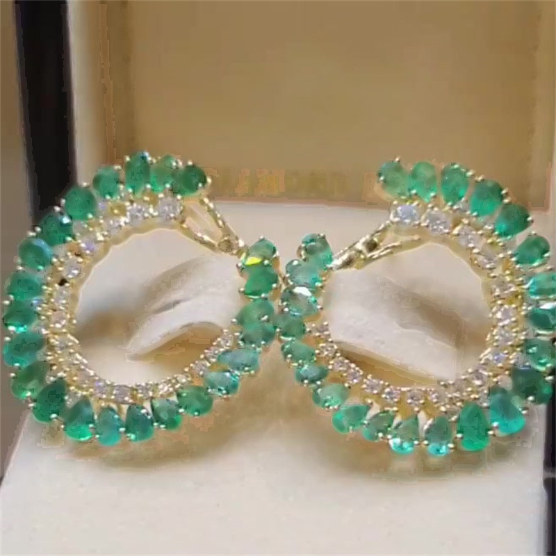 Pear&Round Cut Emerald Sapphire Hoop Earrings