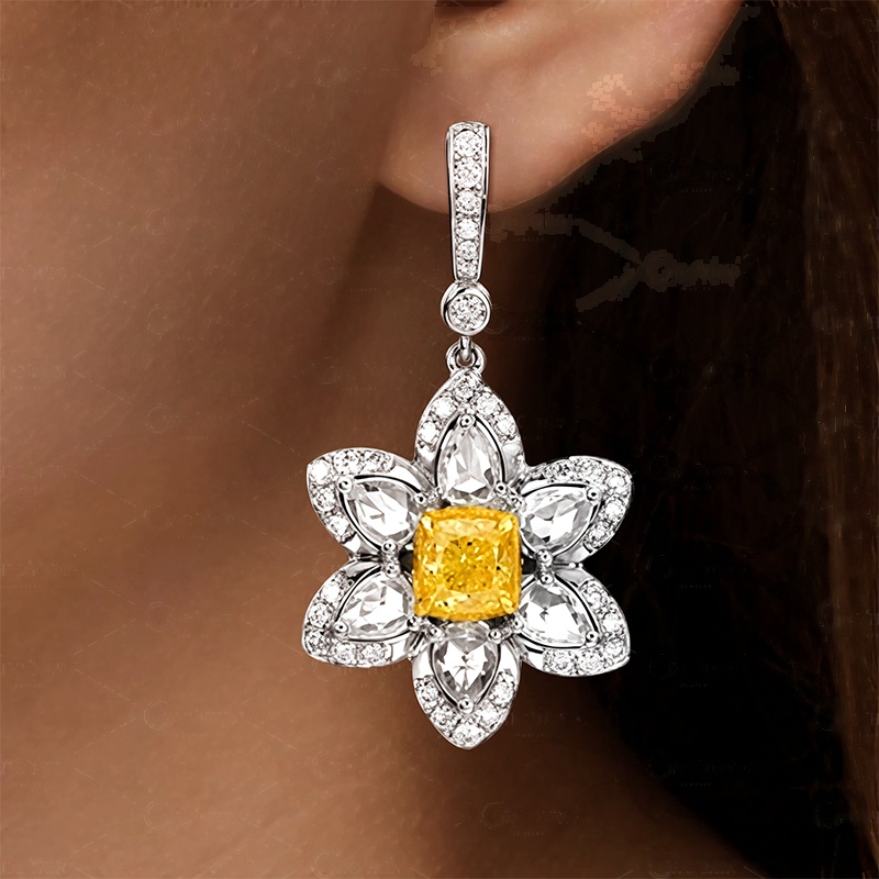 Flower Design Radiant&Pear Cut Yellow Sapphire Drop Earrings