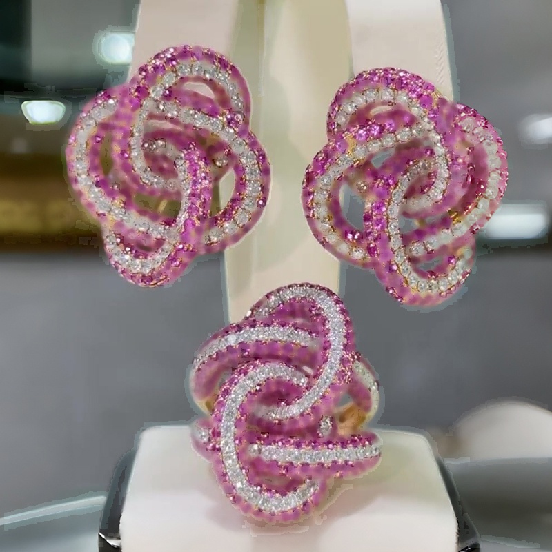 Ruby & White Sapphire Knot Jewelry Set (Earrings + Ring)