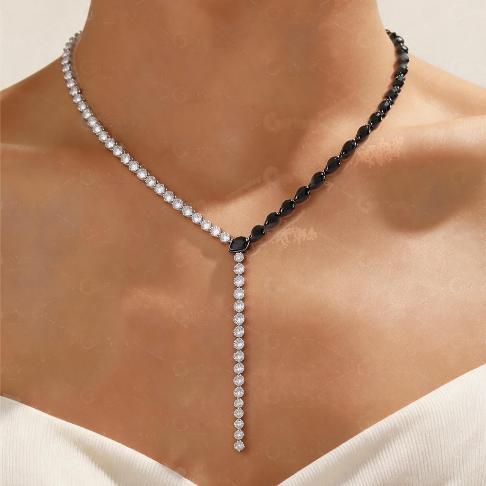 Two Tone Y-Necklace with Pear Cut Gemstones (5 Color Options)